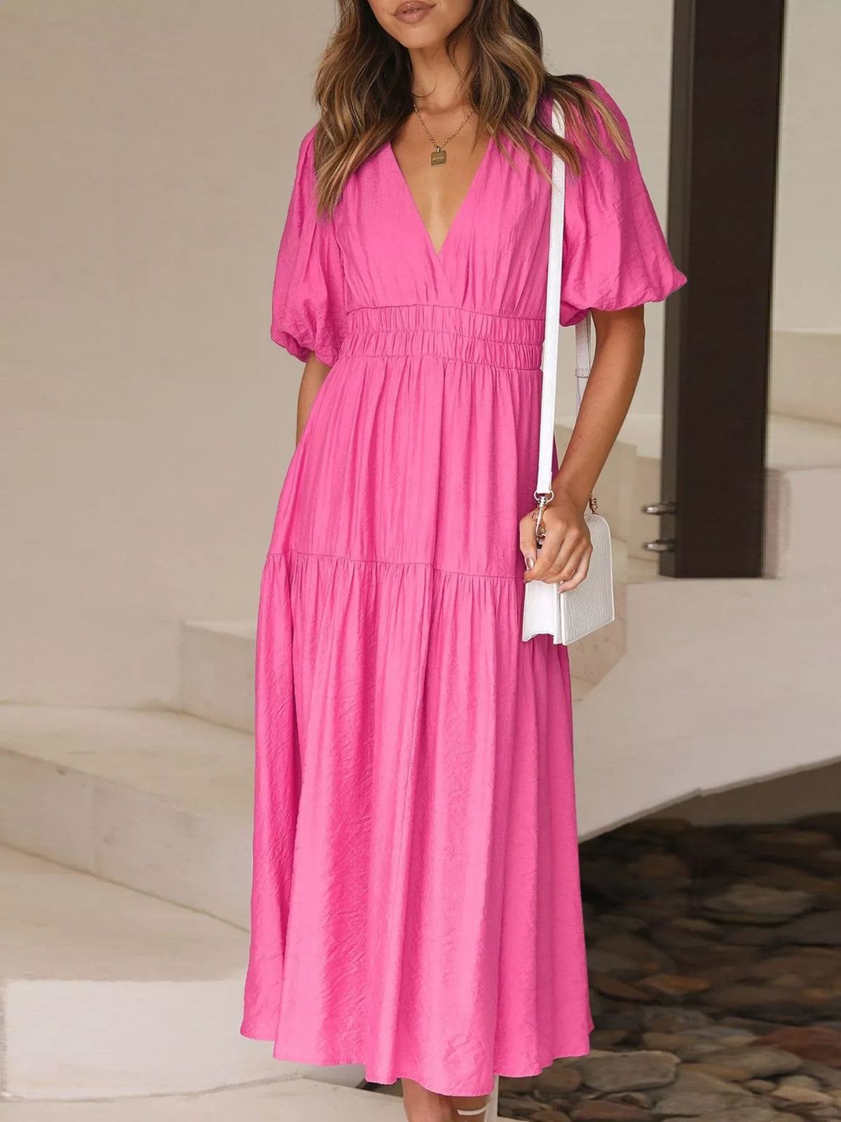 V-neck Puff Sleeve Midi Dress (23)
