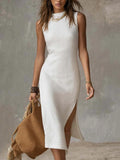 Full Size Sleeveless Mock Neck Slit Midi Dress Plus