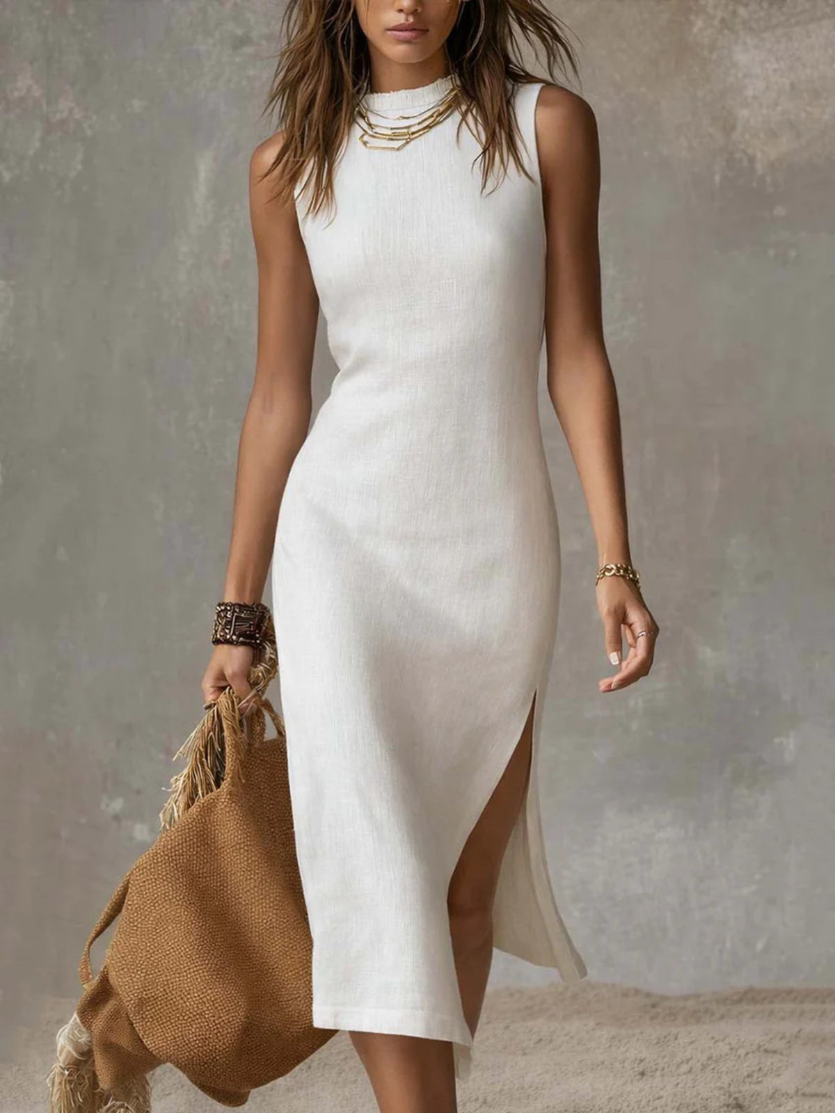 Full Size Sleeveless Mock Neck Slit Midi Dress Plus