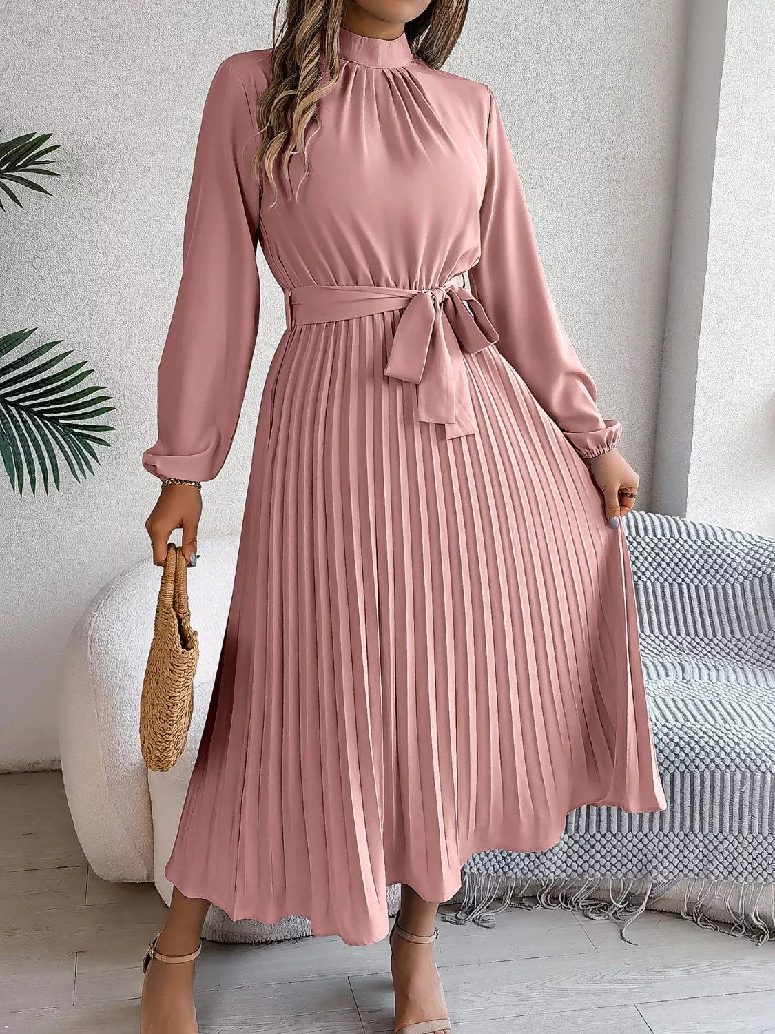 Mock Neck Pleated Midi Dress (28)