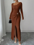 Slit Asymmetrical Neck Ribbed Maxi Dress