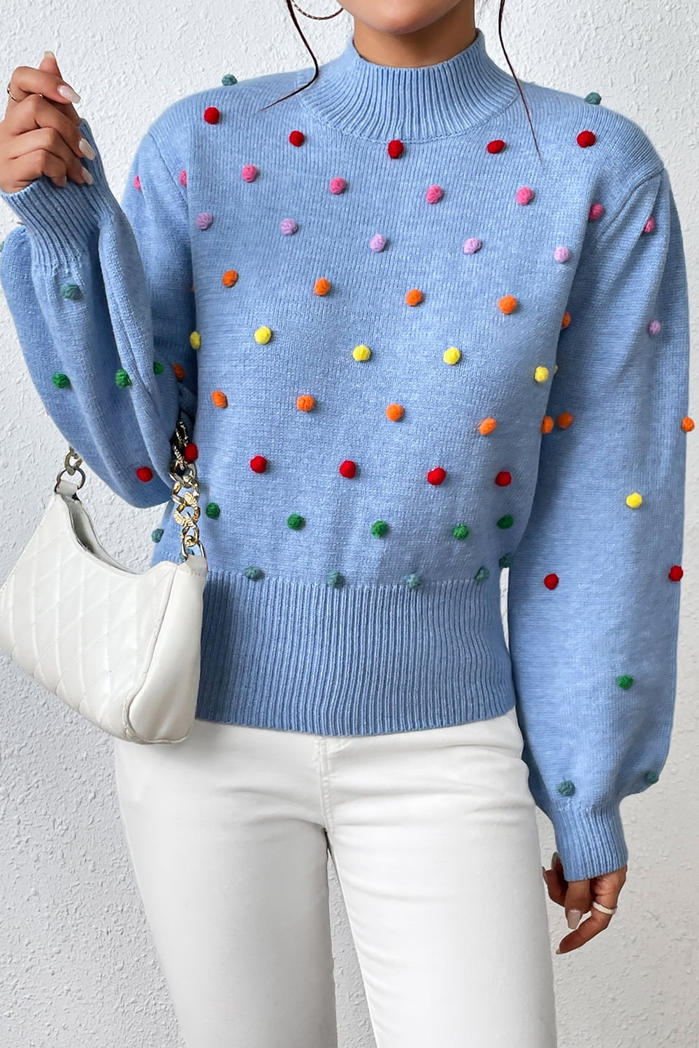 Pom-pom Trim Mock Neck Long Sleeve Pullover Sweater (14)