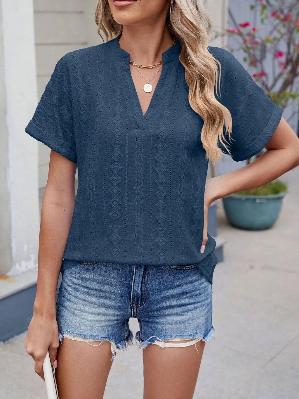 Eyelet Notched Short Sleeve Top (27)