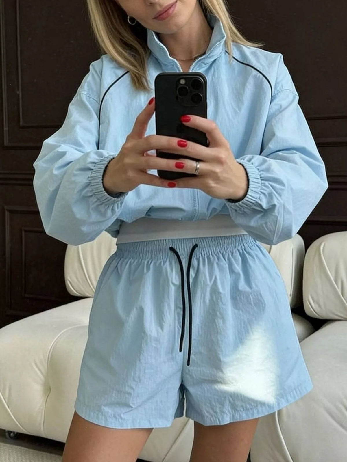 Zip-up Jacket Shorts Two-piece Set (2)