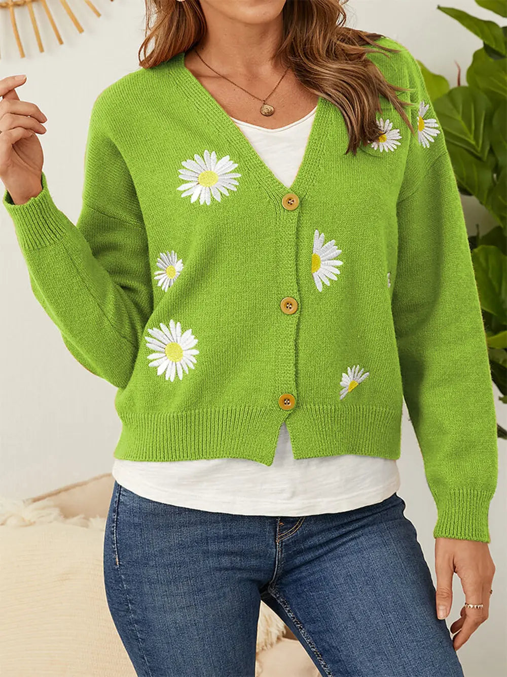 Flower Button Front Dropped Shoulder Cardigan (3)