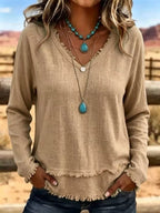 V-neck Long Sleeve Blouse Frayed Hem Detail