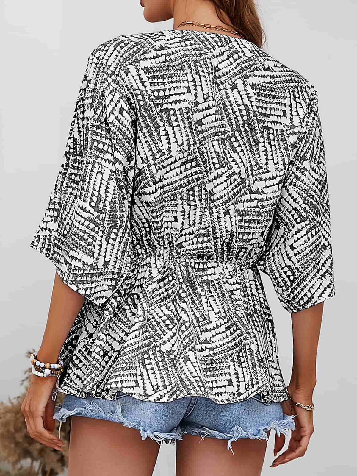 Printed V-neck Dolman Sleeve Blouse (2)