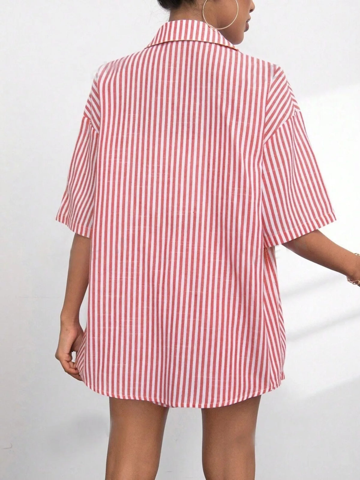Striped Button Up Shirt Shorts Casual Set (6)