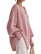 Full Size V-neck Oversized Batwing Sleeve Sweater Plus (31)