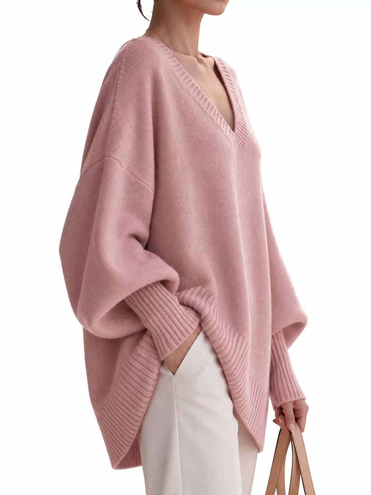 Full Size V-neck Oversized Batwing Sleeve Sweater Plus (31)