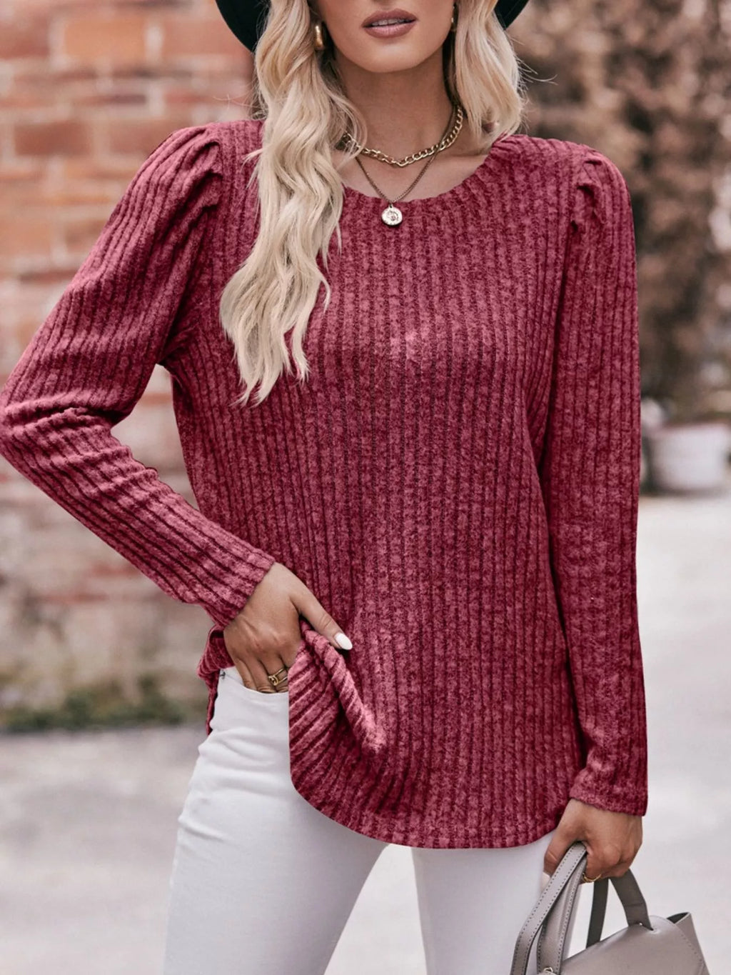 Ribbed Knit Puff Sleeve T-shirt (22)