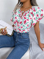 Floral Tie Neck Flutter Sleeve Blouse (18)