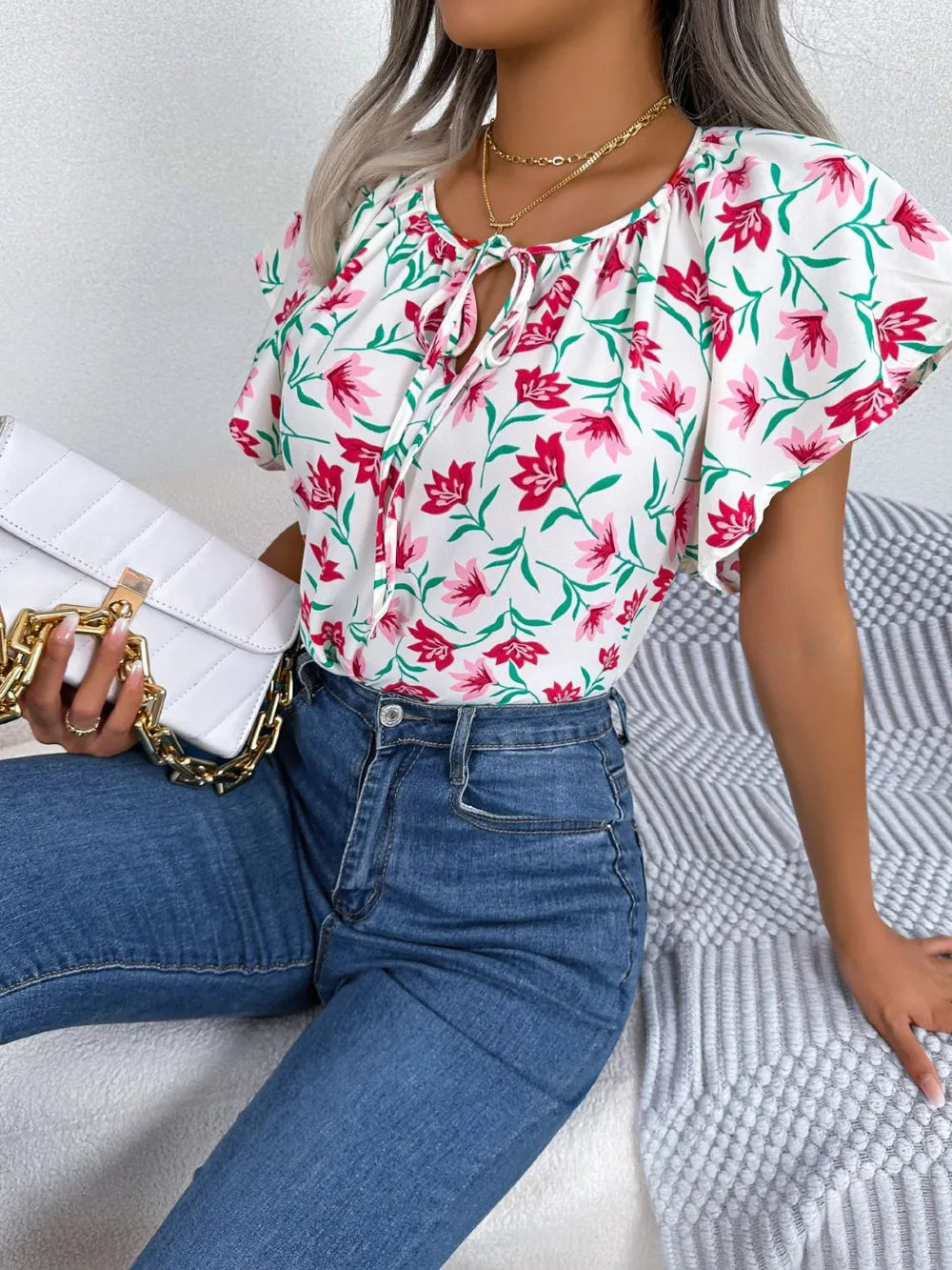 Floral Tie Neck Flutter Sleeve Blouse (18)