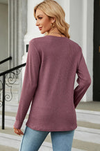 Waffle-knit Notched Long Sleeve T-shirt (18)