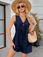 Tie Front Sleeveless Romper Pockets