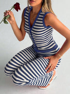 Striped Knit V-neck Button-up Sleeveless Top Flare Pants Set (3)