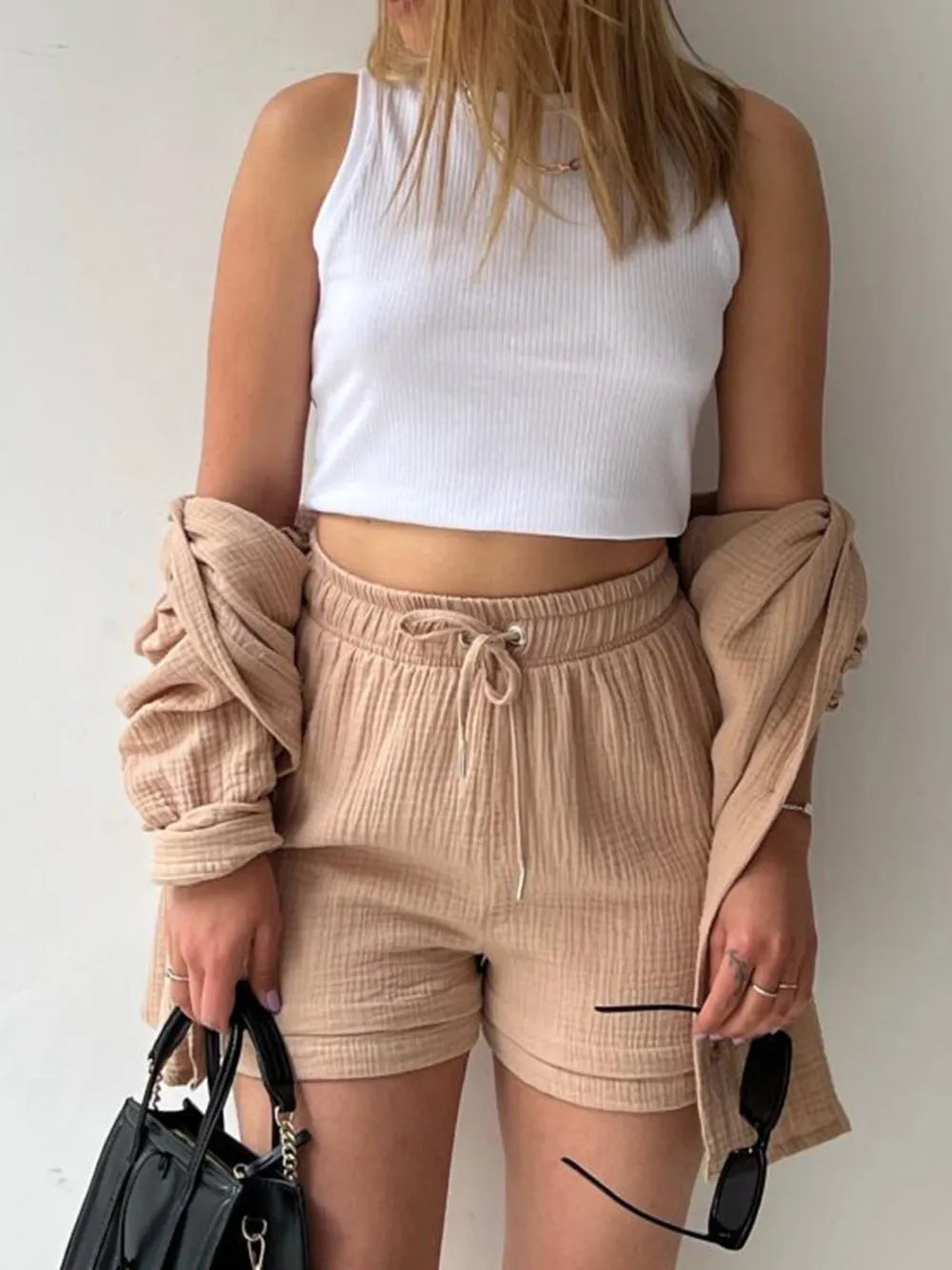 Texture Button Up Shirt Drawstring Shorts Set (12)