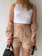 Texture Button Up Shirt Drawstring Shorts Set (12)