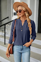 Notched Neck Long Sleeve Buttoned Blouse (5)