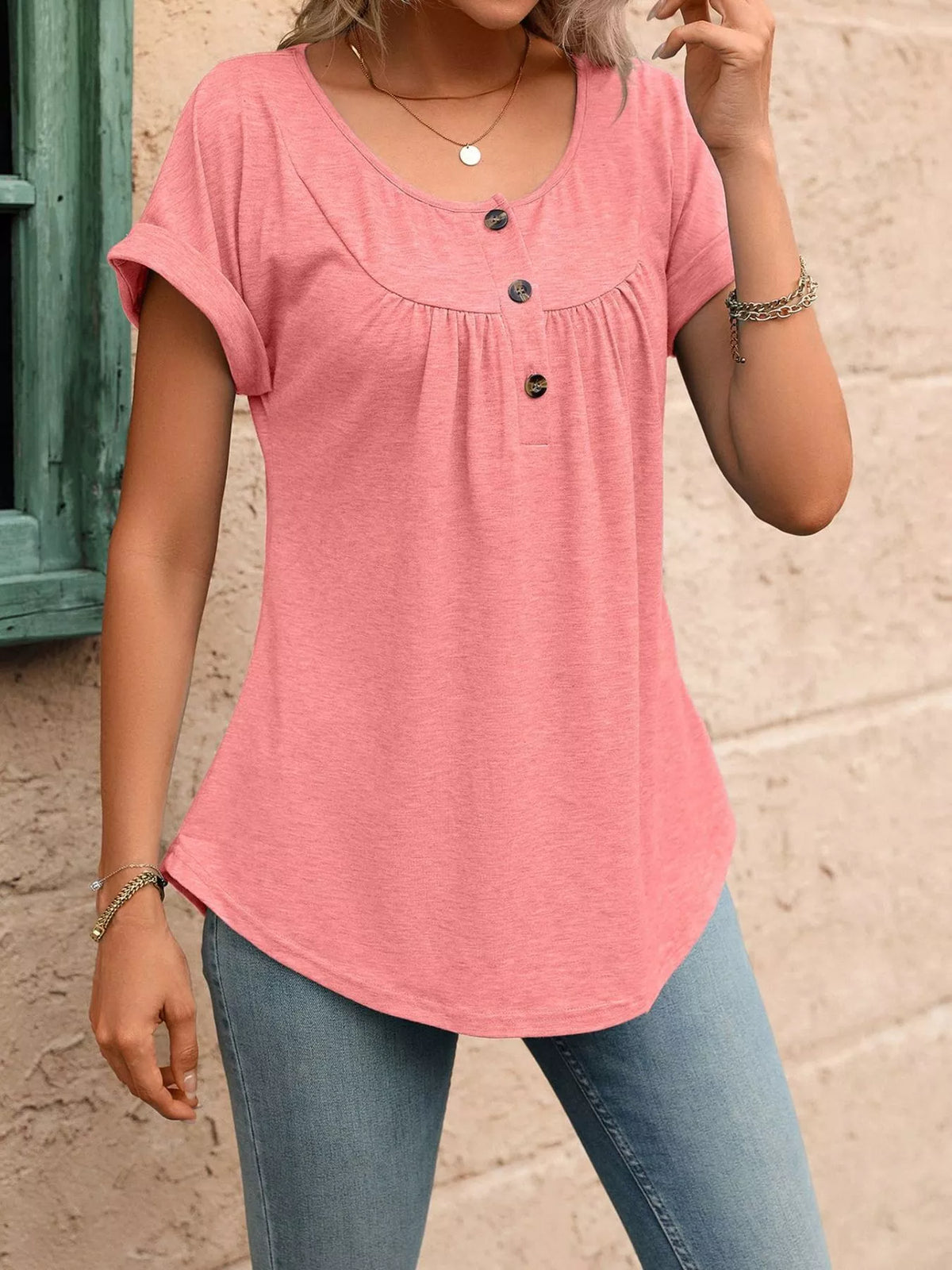 Casual Button Detail Henley T-shirt (13)
