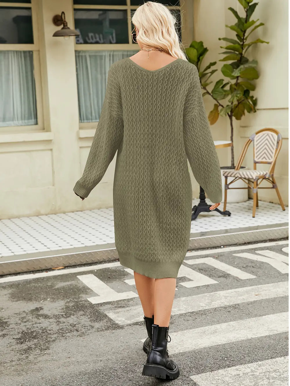 V-neck Long Sleeve Sweater Dress (2)