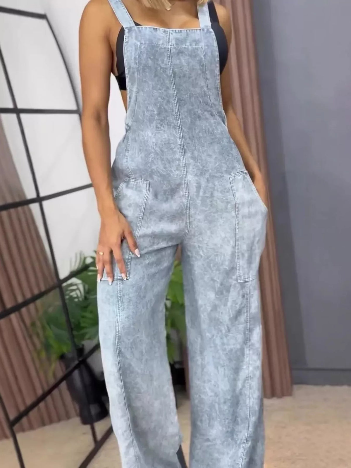 Full Size Vintage Wash Wide Leg Denim Overalls Plus