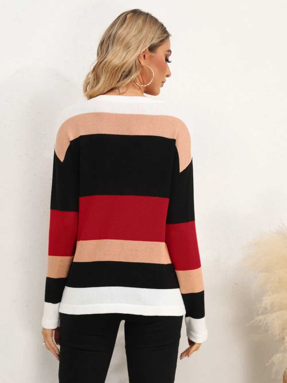 Striped Round Neck Dropped Shoulder Sweater (10)