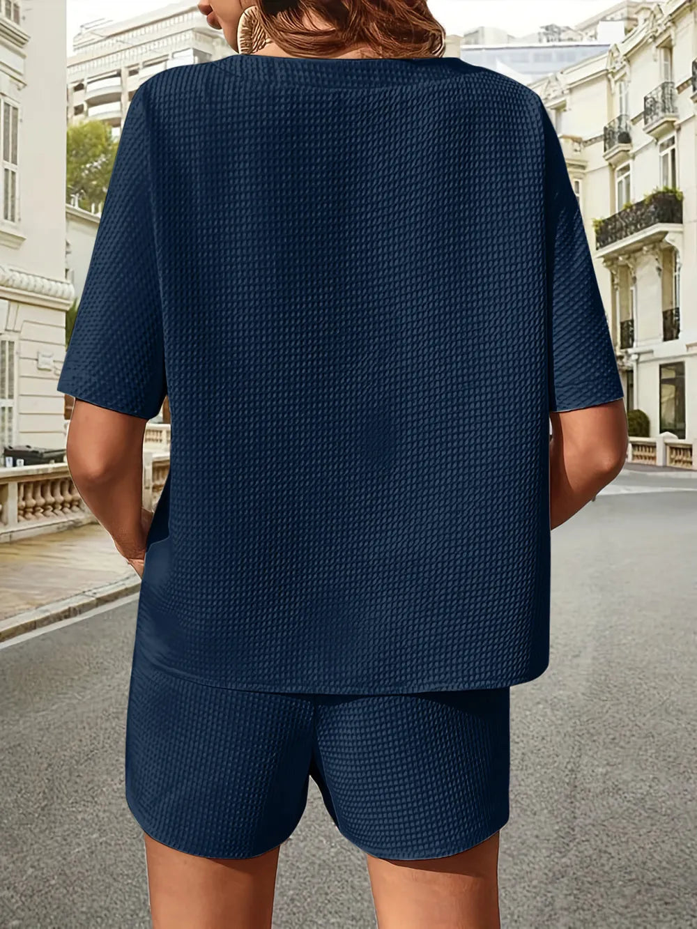 Waffle-knit Half Sleeve Top Shorts Set (20)