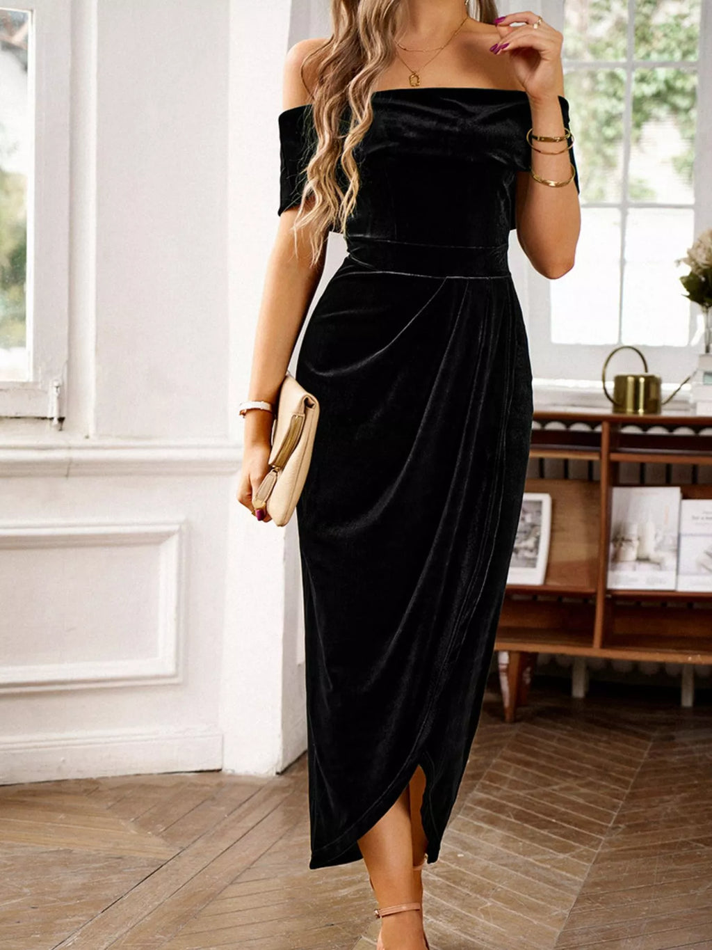 Velvet Off-shoulder Ruched Midi Dress (26)
