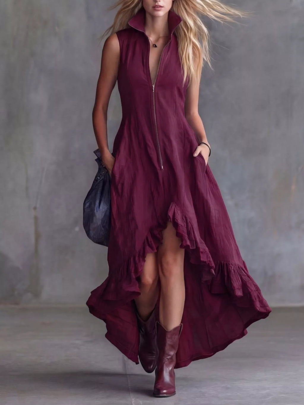 Full Size High-low Ruffled Zip Front Dress Plus