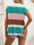 Striped Notched Short Sleeve Sweater (5)
