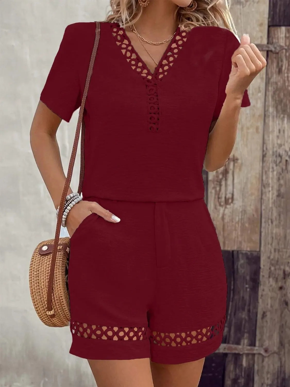 V Neck Short Sleeve Top Shorts Set (11)