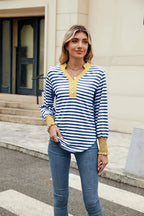 Contrast Striped Notched Long Sleeve Top (8)