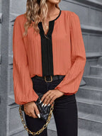 Contrast Notched Long Sleeve Blouse (8)