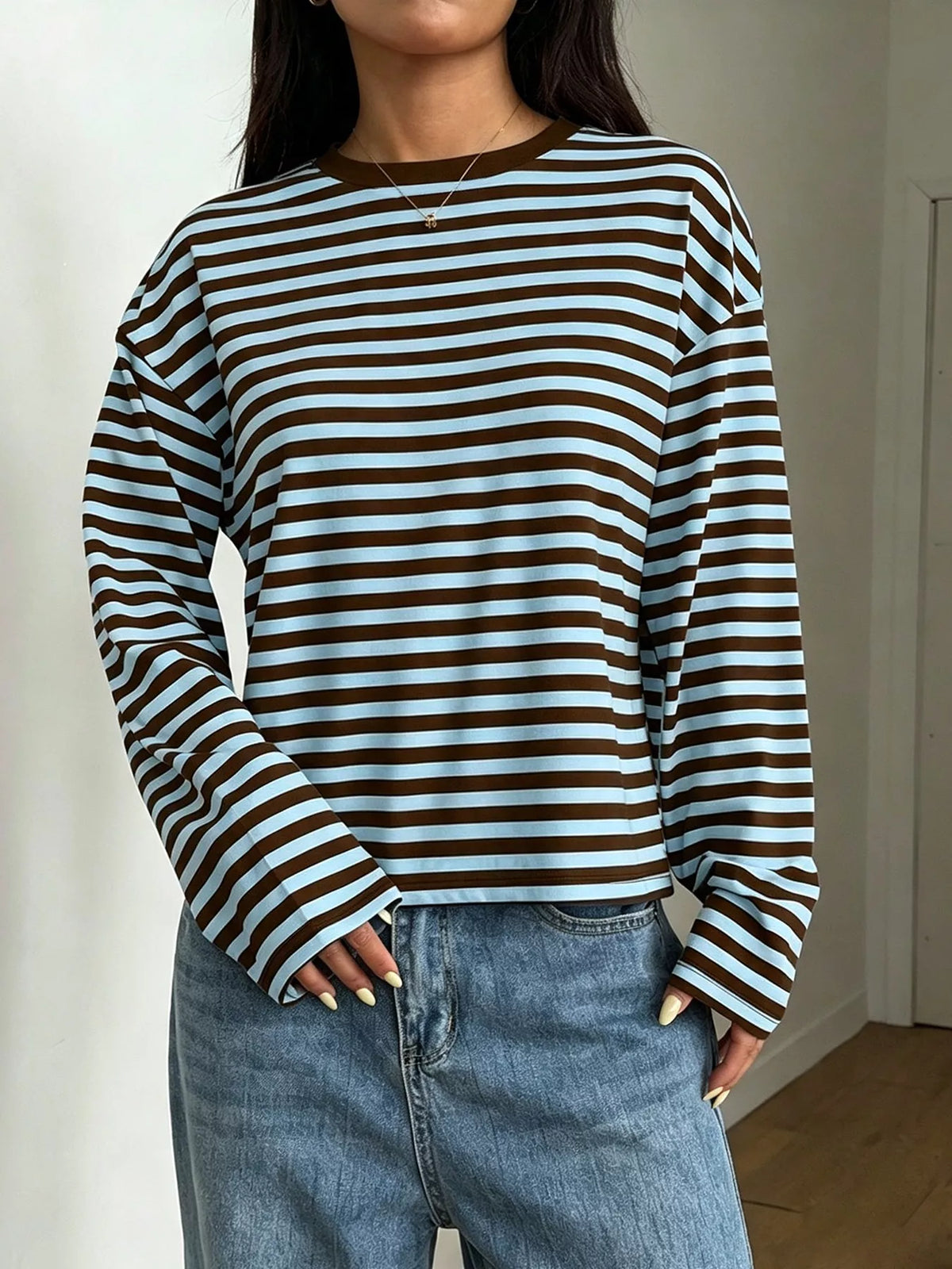 Full Size Casual Long-sleeve Striped Crew Neck T-shirt Plus (17)