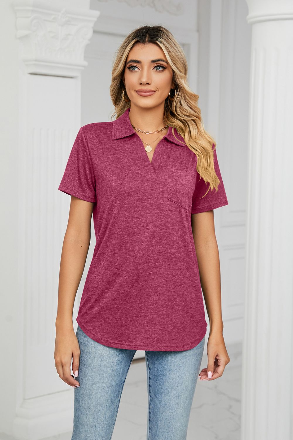 Curved Hem Johnny Collar Polo Shirt (4)
