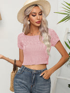 Cable-knit Round Neck Short Sleeve Knit Top (11)
