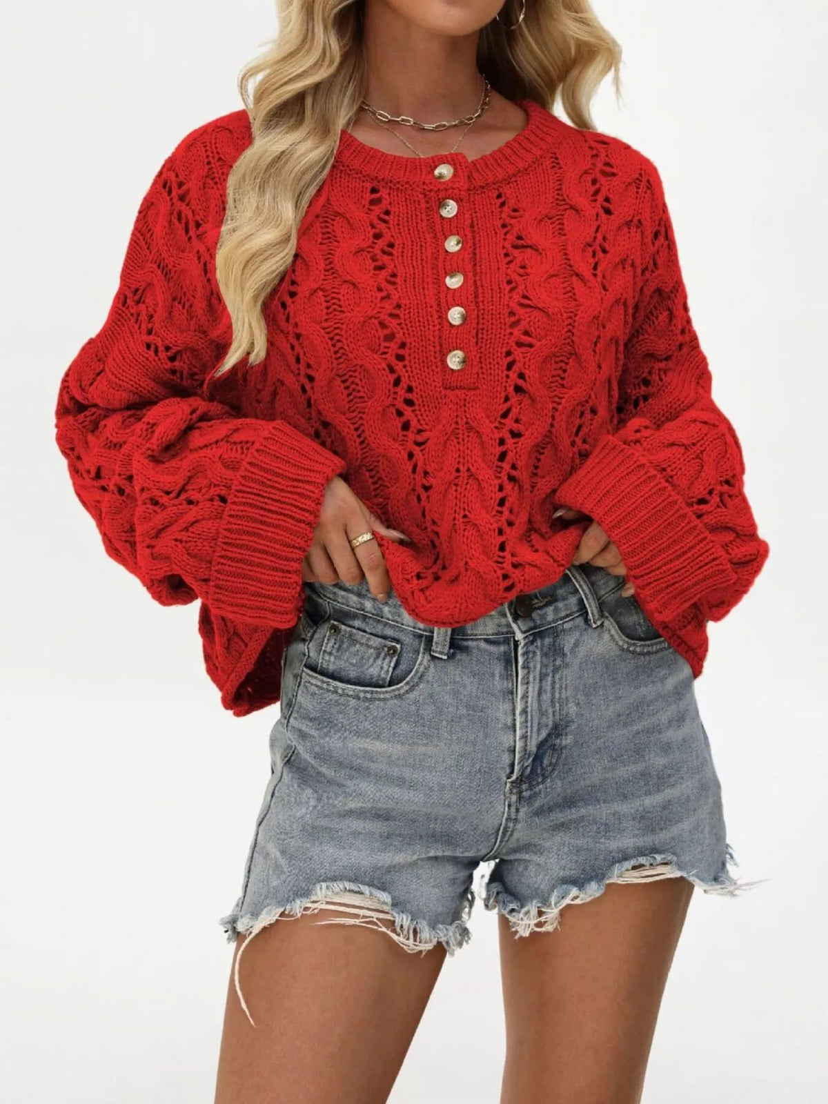 Chic Cable Knit Half-button Openwork Sweater (2)