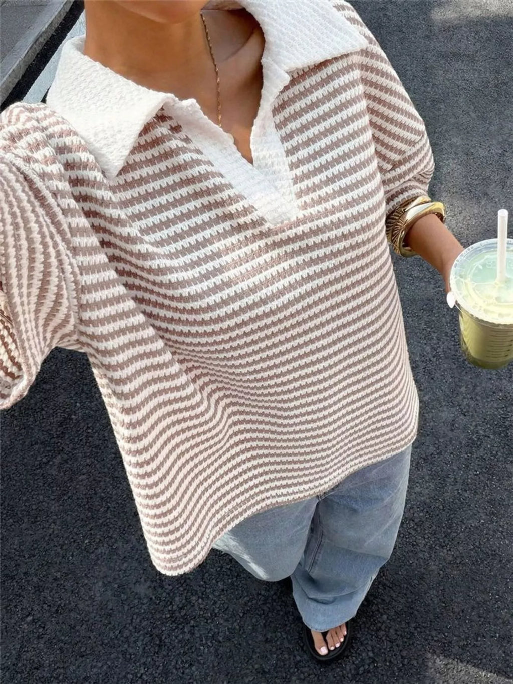 Striped Knit 3/4 Sleeve Polo Top (11)