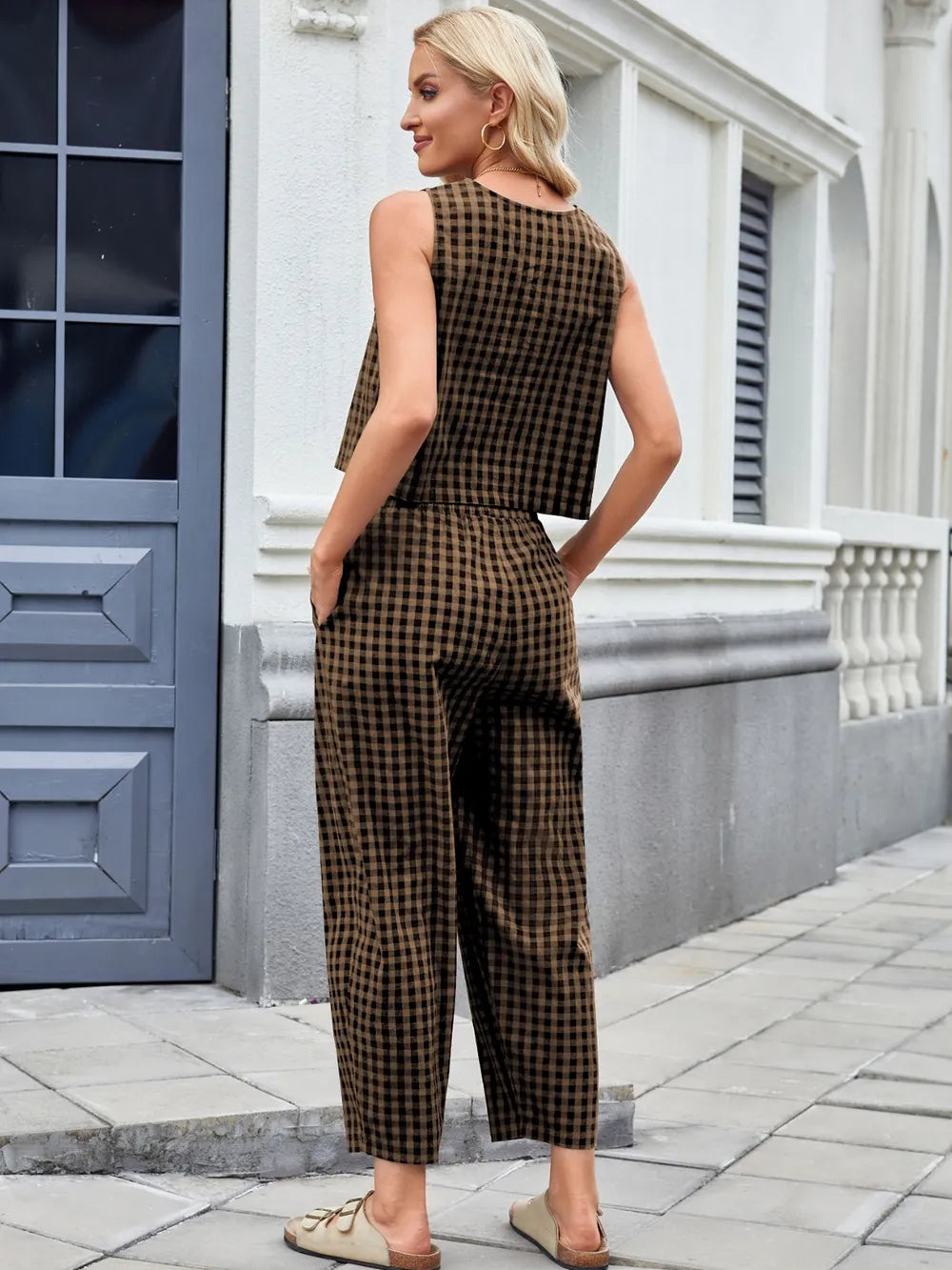 Plaid Sleeveless Top Pants Set (20)