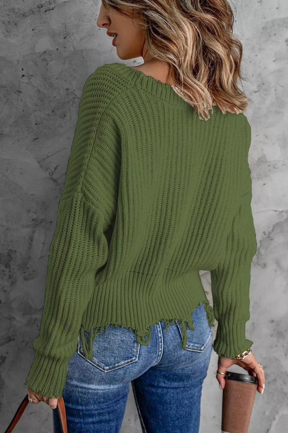 Full Size Raw Hem V-neck Sweater Plus (4)