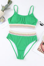 Textured Contrast Banding Bikini High Waist 2pcs Swimsuit (6)