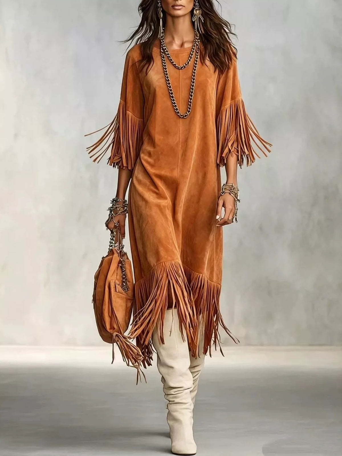 Fringed Round Neck Midi Dress (8)