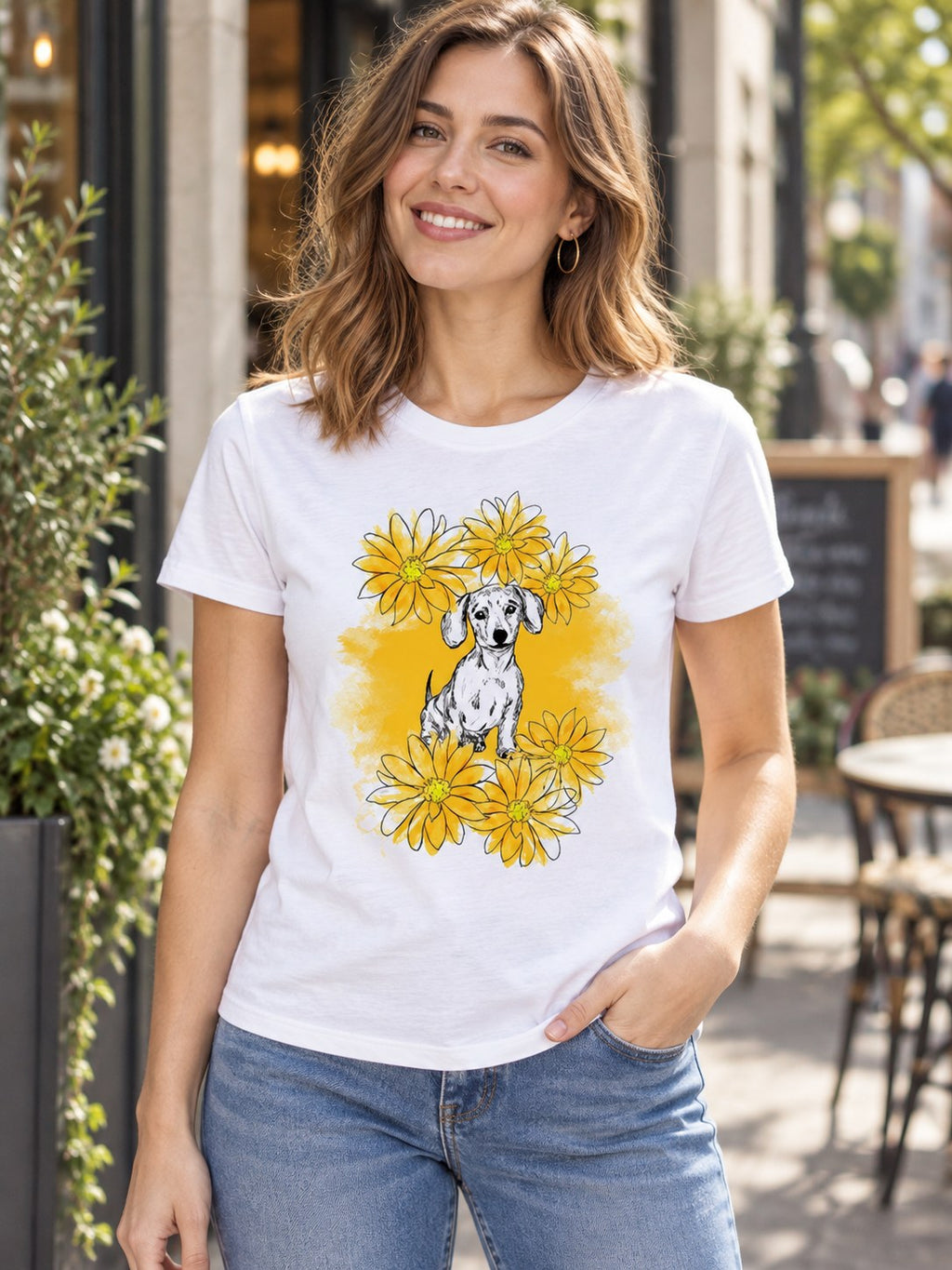 Dog Print T-shirt styled on a model