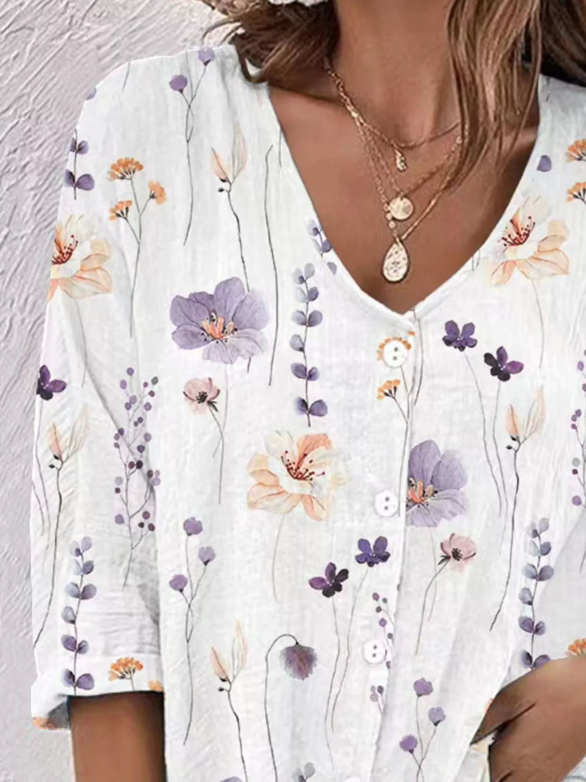 Floral Print V-neck Button-down Shirt (6)