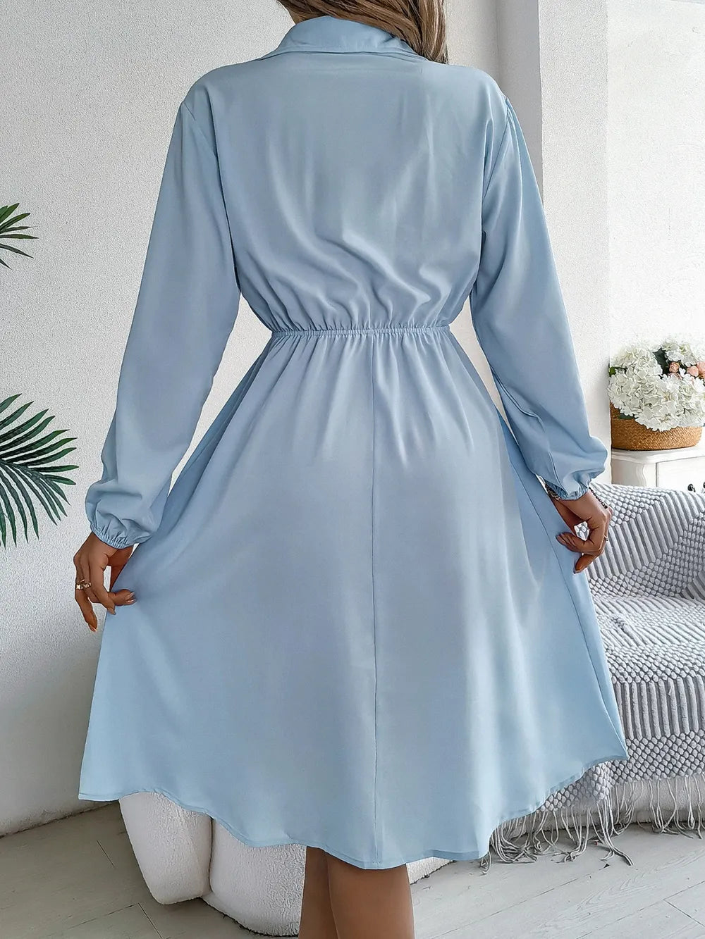Collared Neck Long Sleeve Dress Pockets (2)