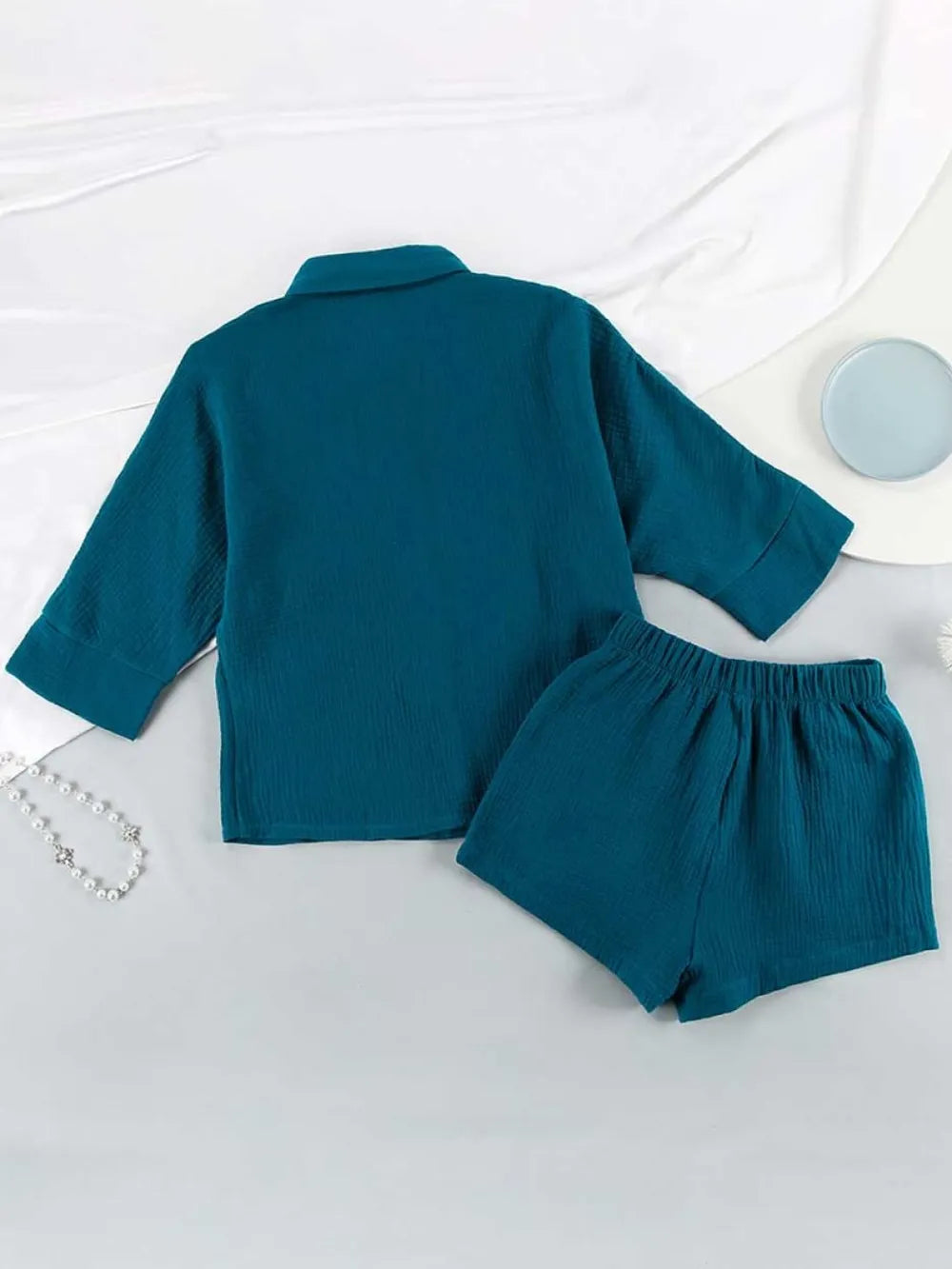 Texture Button Up Shirt Shorts Set (9)