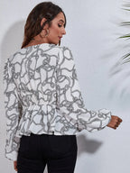 Ruched Printed V-neck Long Sleeve Blouse (15)