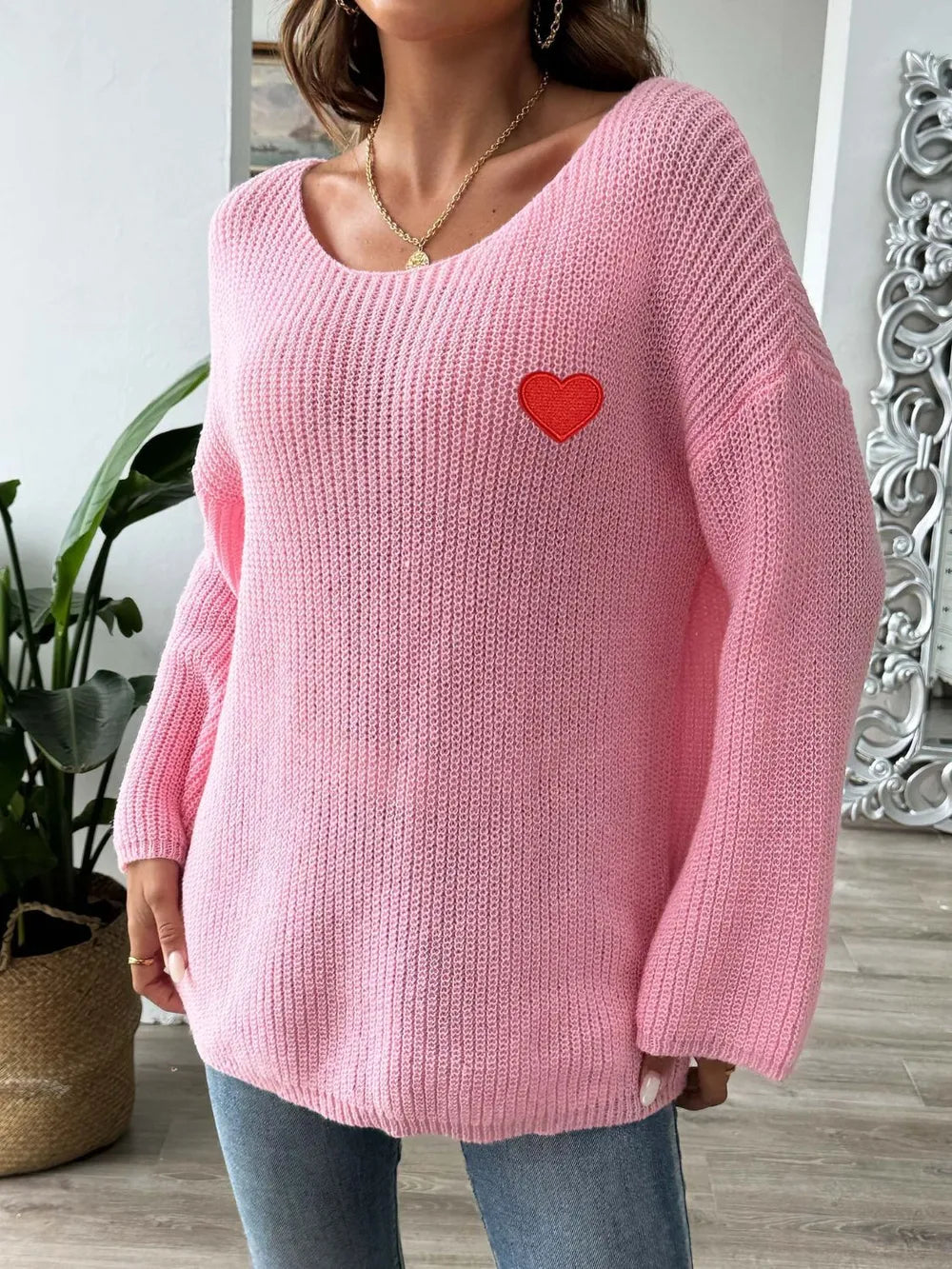 Heart Boat Neck Dropped Shoulder Sweater (11)