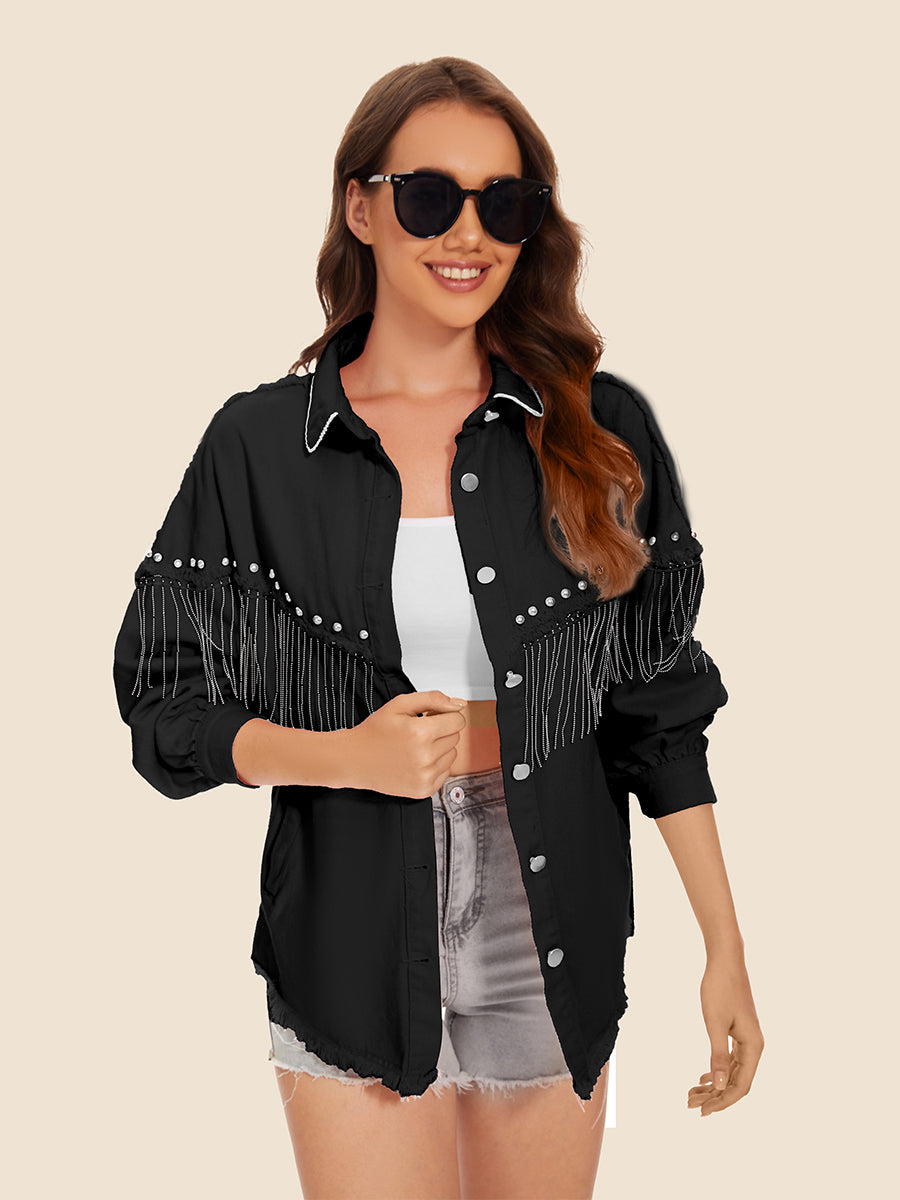Raw Hem Fringe Detail Denim Jacket (4)